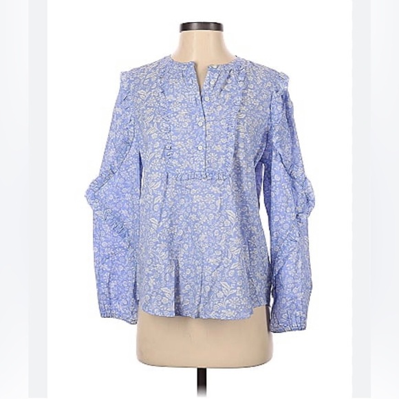 J.CREW | FLORAL RUFFLE LONG SLEEVED LIGHT BLUE AND WHITE BLOUSE MEDIUM - Picture 2 of 8